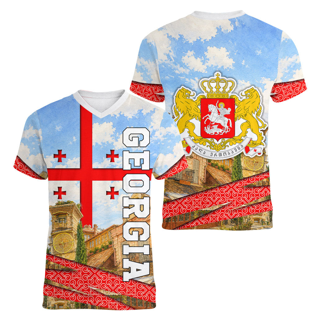 Georgia National Flag Women V-Neck T-Shirt Tbilisi Clock Tower Heritage Sky Art