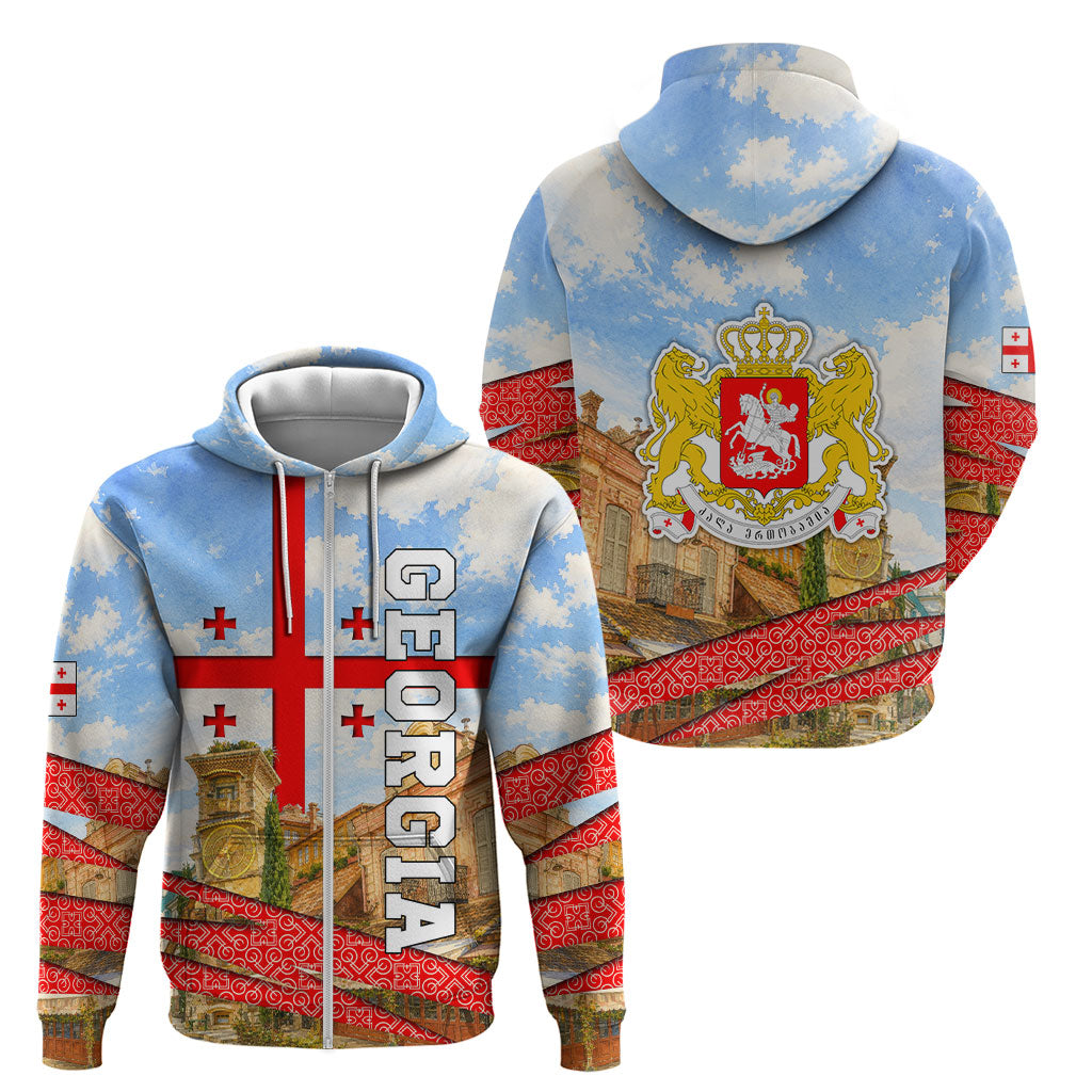 Georgia National Flag Zip Hoodie Tbilisi Clock Tower Heritage Sky Art