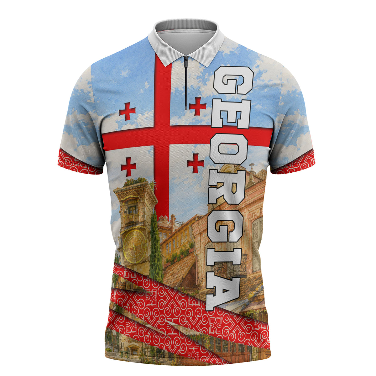 Georgia National Flag Zipper Polo Shirt Tbilisi Clock Tower Heritage Sky Art