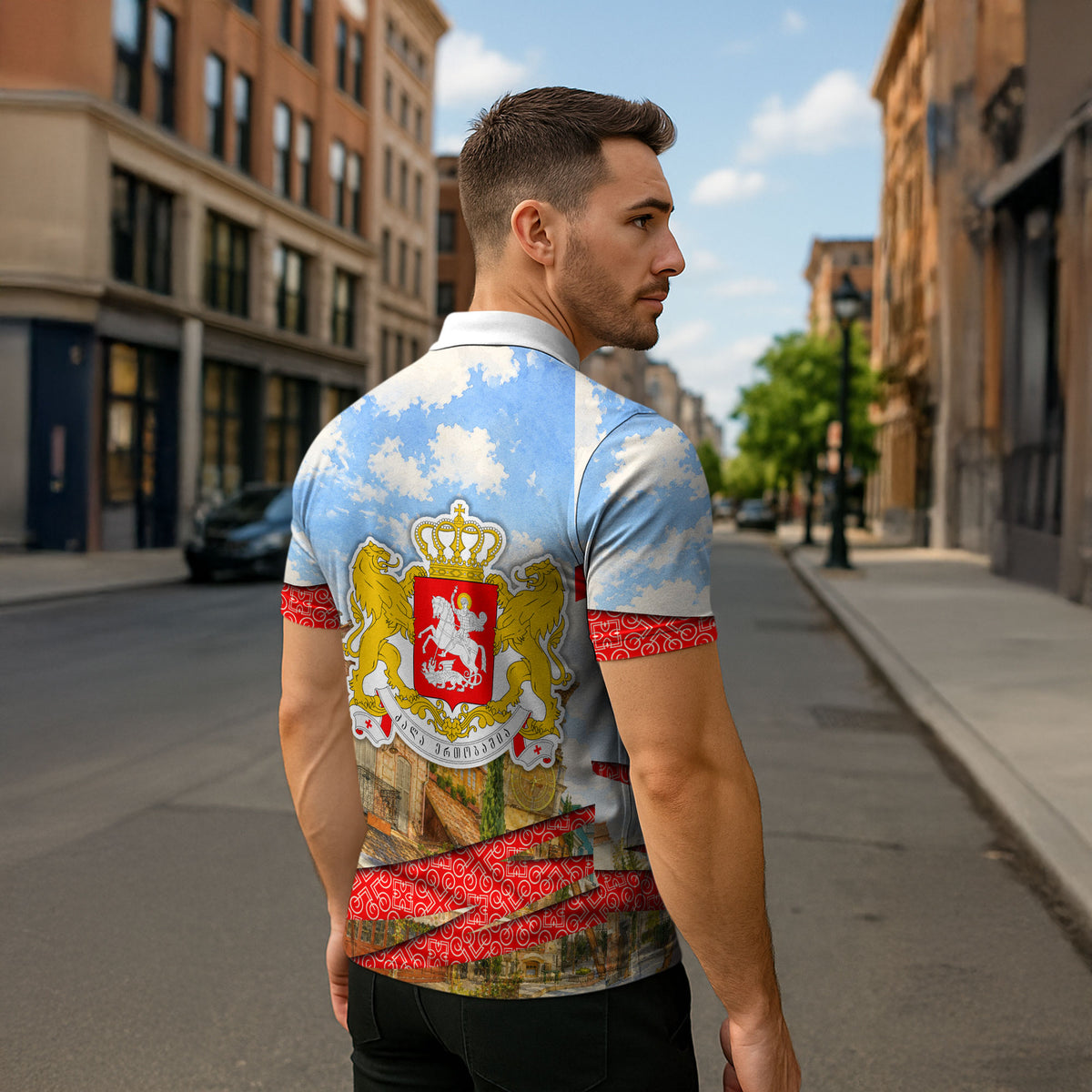 Georgia National Flag Zipper Polo Shirt Tbilisi Clock Tower Heritage Sky Art