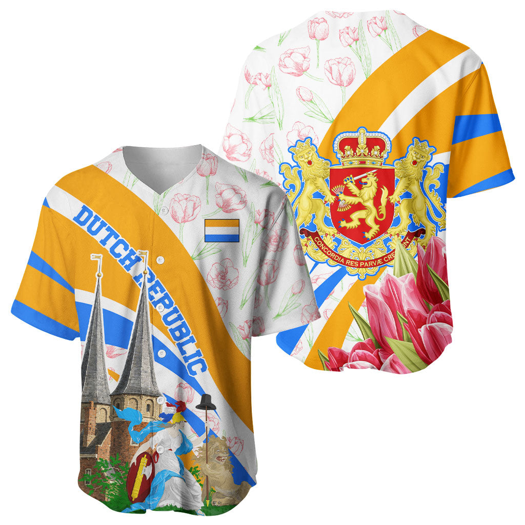 Dutch Republic Netherlands Baseball Jersey Patriotism Vintage Heraldic Crest Floral Tulip