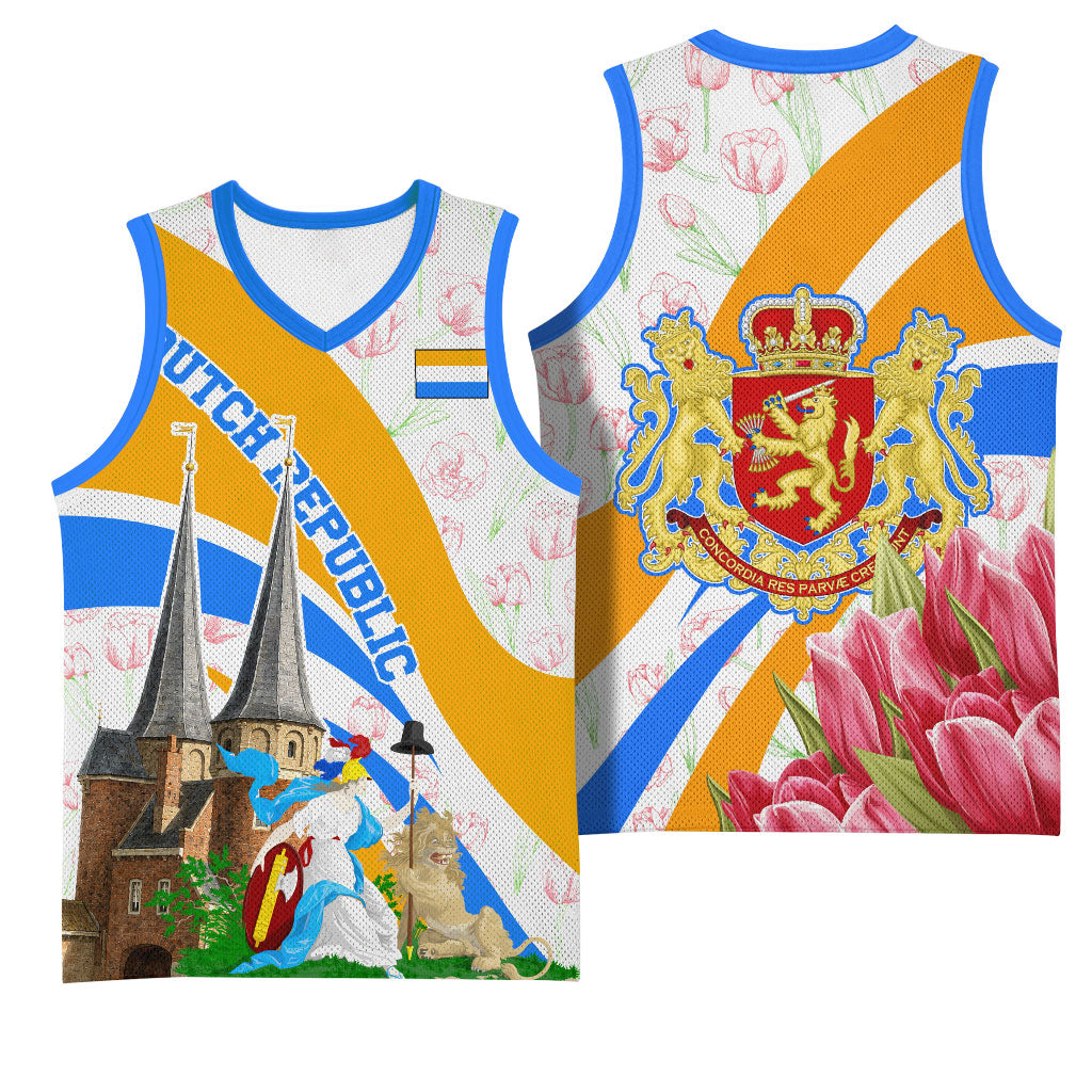 Dutch Republic Netherlands Basketball Jersey Patriotism Vintage Heraldic Crest Floral Tulip