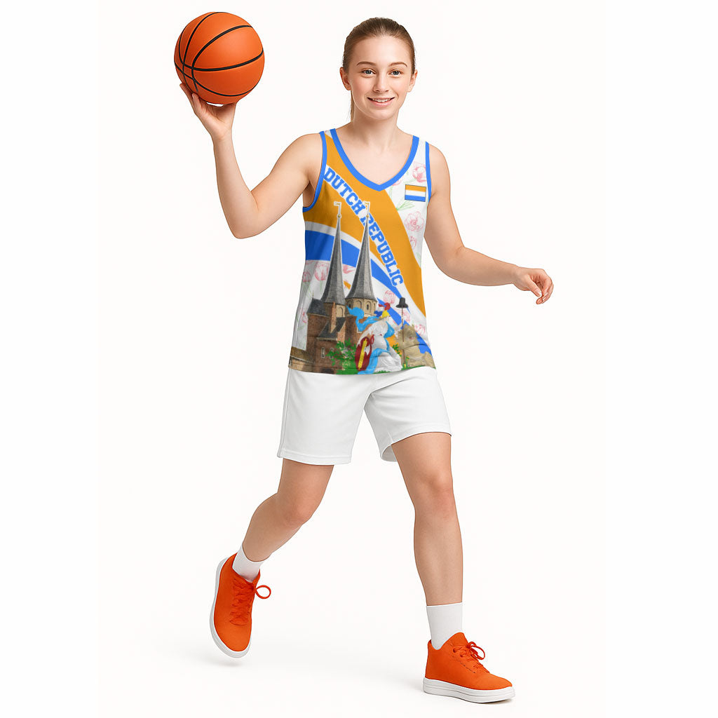 Dutch Republic Netherlands Basketball Jersey Patriotism Vintage Heraldic Crest Floral Tulip