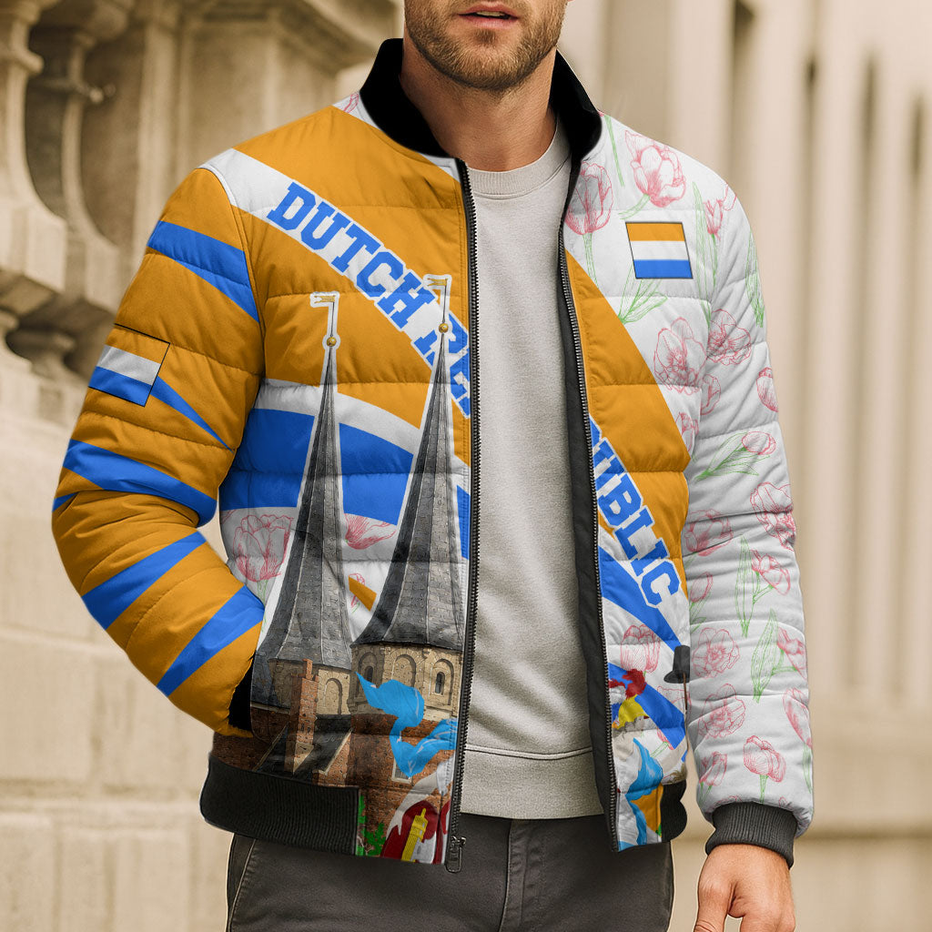 Dutch Republic Netherlands Bomber Puffer Jacket Patriotism Vintage Heraldic Crest Floral Tulip