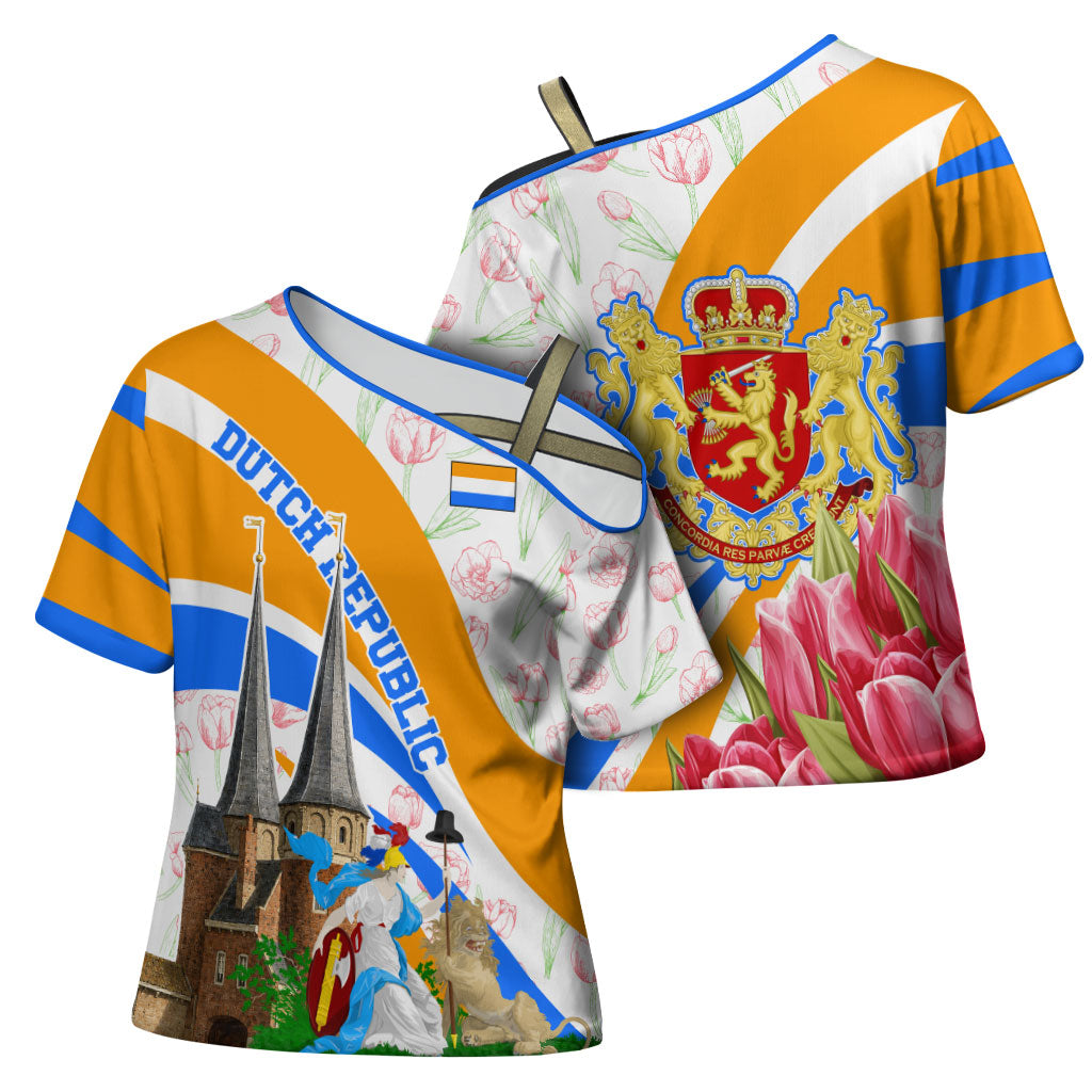 Dutch Republic Netherlands Cross Shoulder Shirt Patriotism Vintage Heraldic Crest Floral Tulip