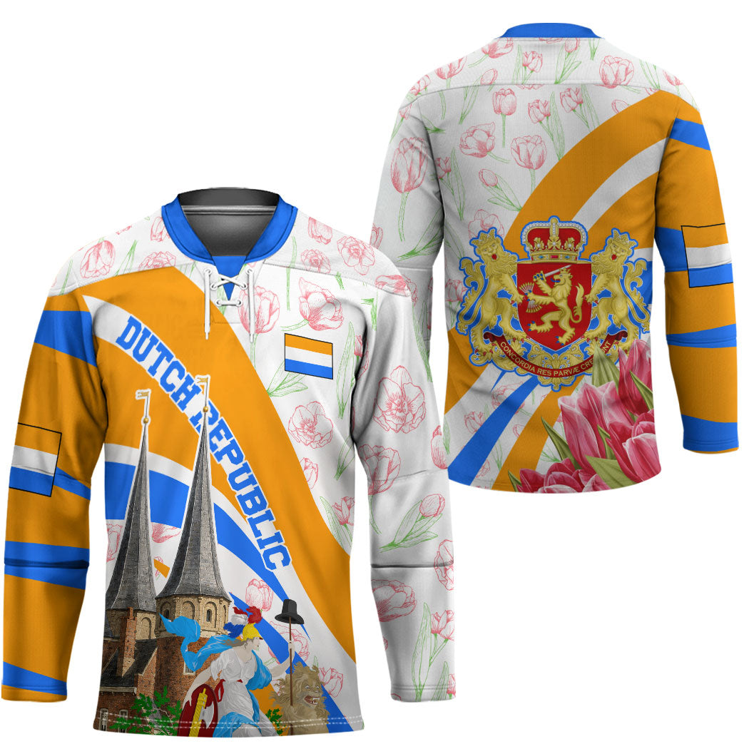 Dutch Republic Netherlands Hockey Jersey Patriotism Vintage Heraldic Crest Floral Tulip