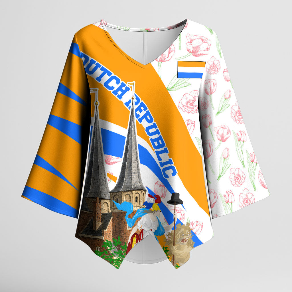 Dutch Republic Netherlands Kimono Sleeve Blouse Patriotism Vintage Heraldic Crest Floral Tulip