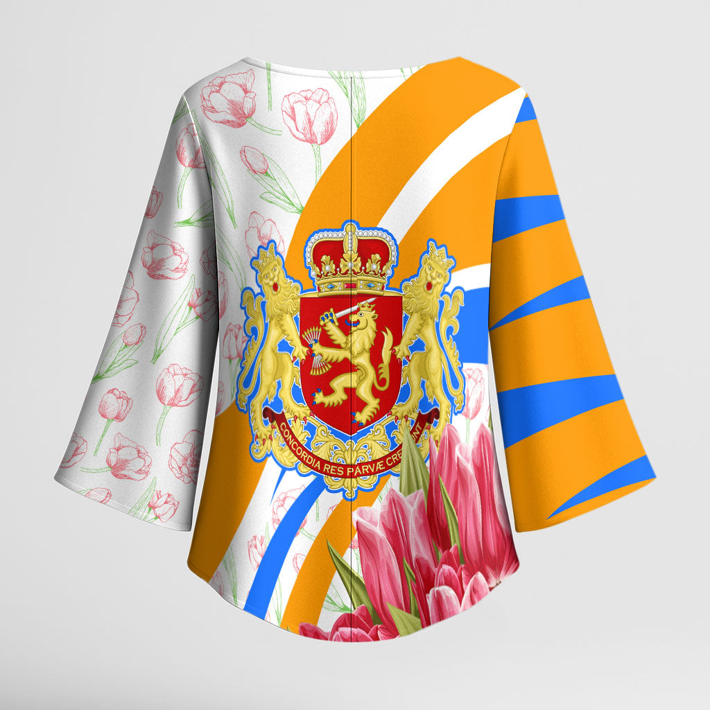 Dutch Republic Netherlands Kimono Sleeve Blouse Patriotism Vintage Heraldic Crest Floral Tulip