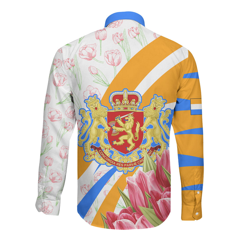 Dutch Republic Netherlands Long Sleeve Button Shirt Patriotism Vintage Heraldic Crest Floral Tulip