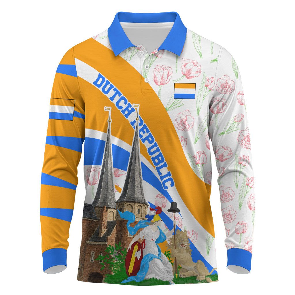 Dutch Republic Netherlands Long Sleeve Polo Shirt Patriotism Vintage Heraldic Crest Floral Tulip