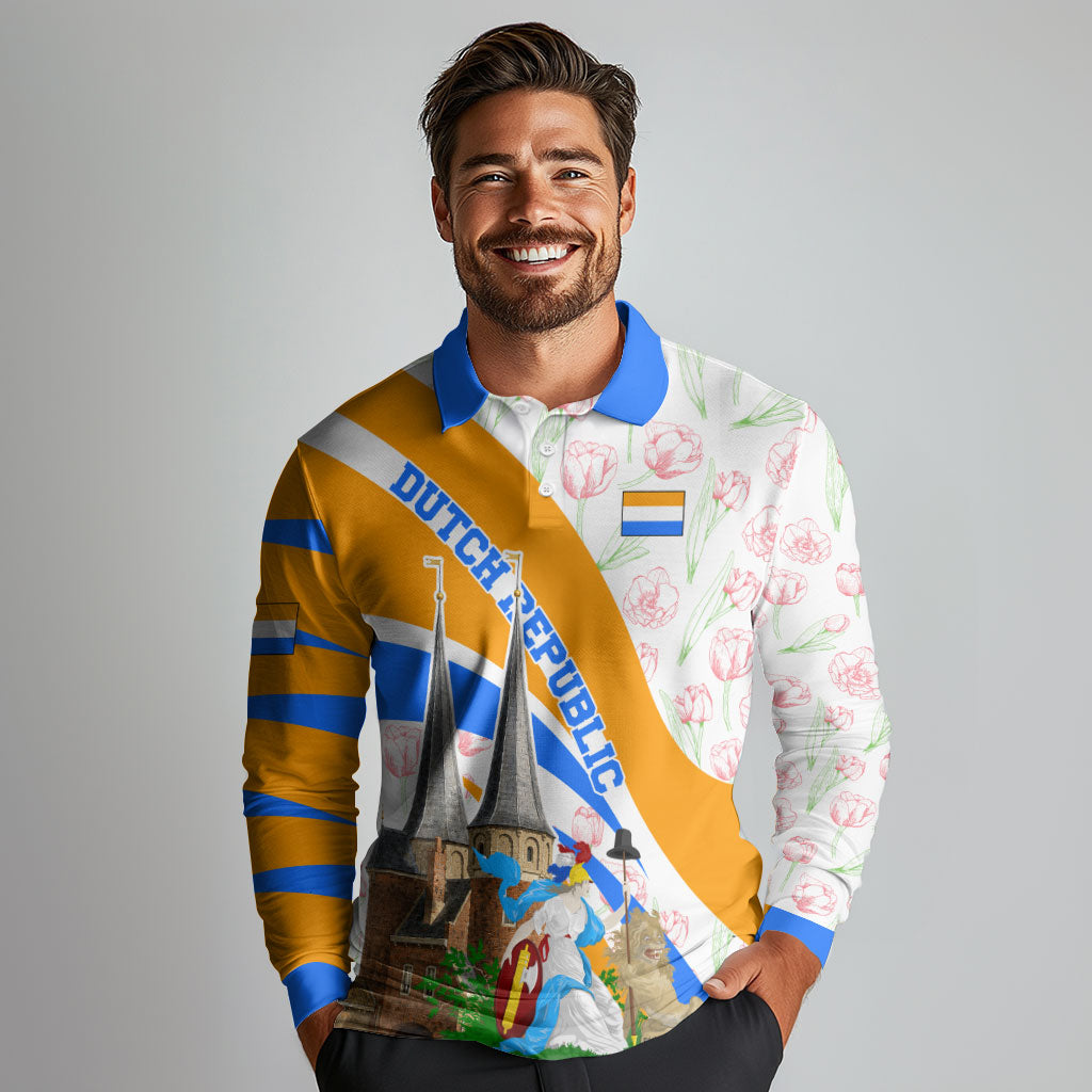 Dutch Republic Netherlands Long Sleeve Polo Shirt Patriotism Vintage Heraldic Crest Floral Tulip