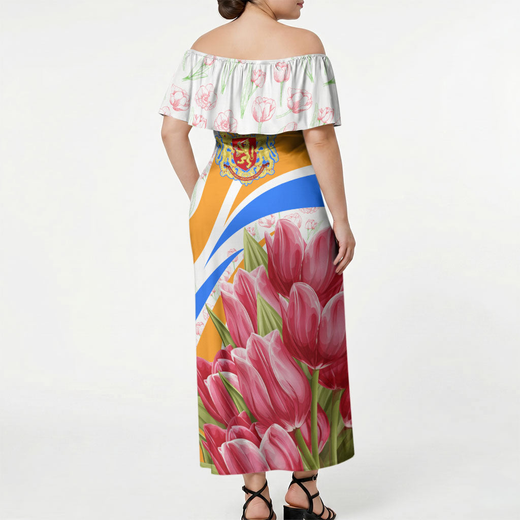 Dutch Republic Netherlands Off Shoulder Maxi Dress Patriotism Vintage Heraldic Crest Floral Tulip