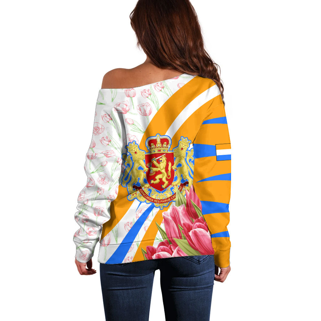 Dutch Republic Netherlands Off Shoulder Sweater Patriotism Vintage Heraldic Crest Floral Tulip