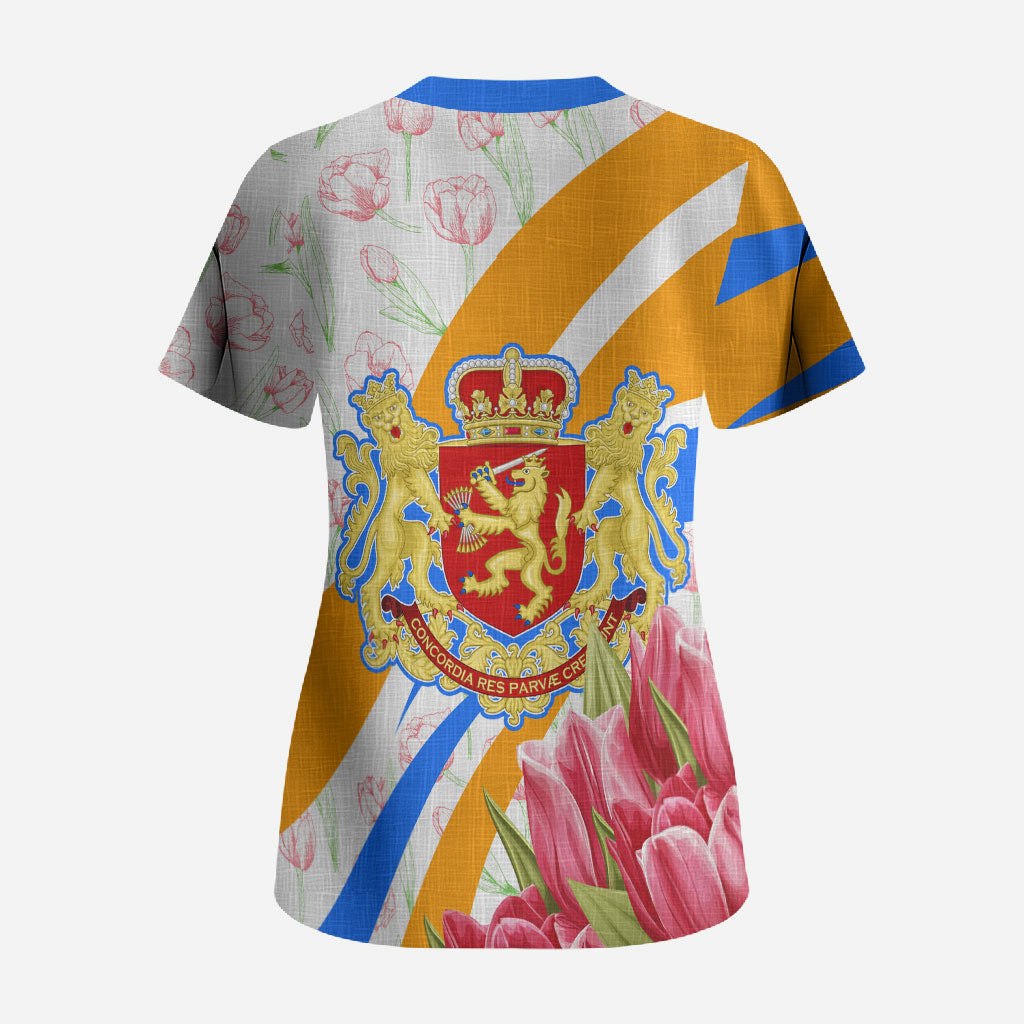 Dutch Republic Netherlands Scrub Top Patriotism Vintage Heraldic Crest Floral Tulip