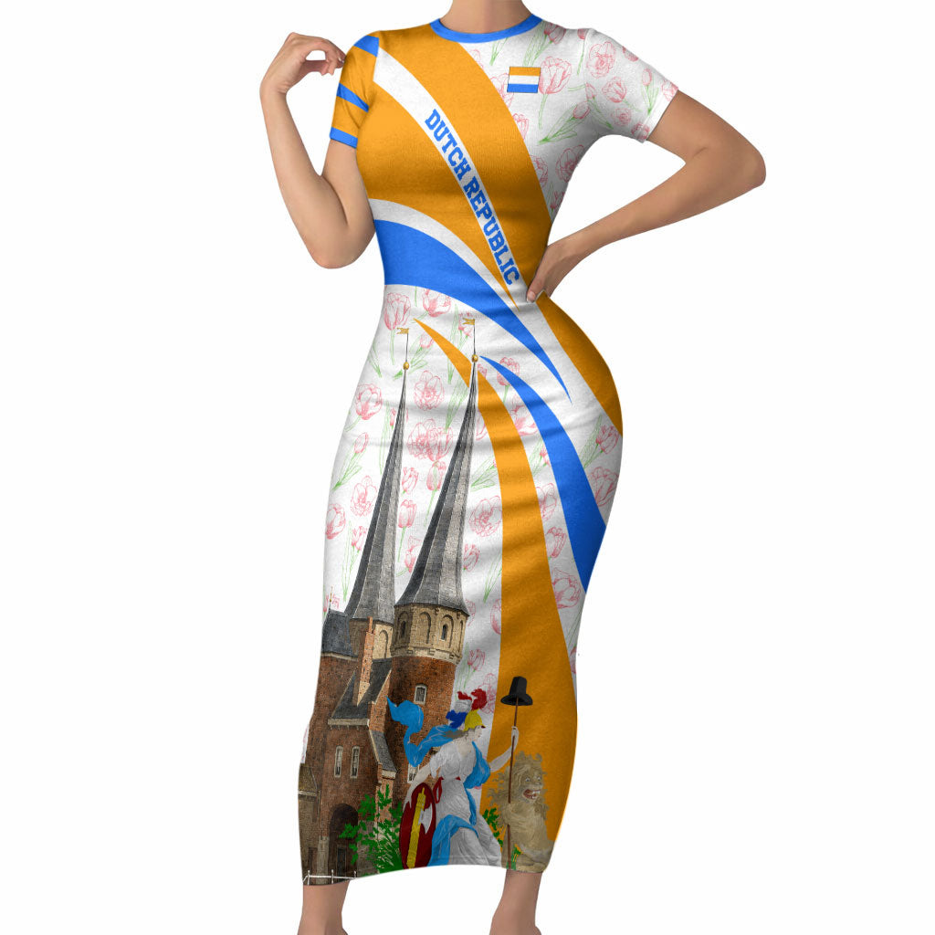 Dutch Republic Netherlands Short Sleeve Bodycon Dress Patriotism Vintage Heraldic Crest Floral Tulip
