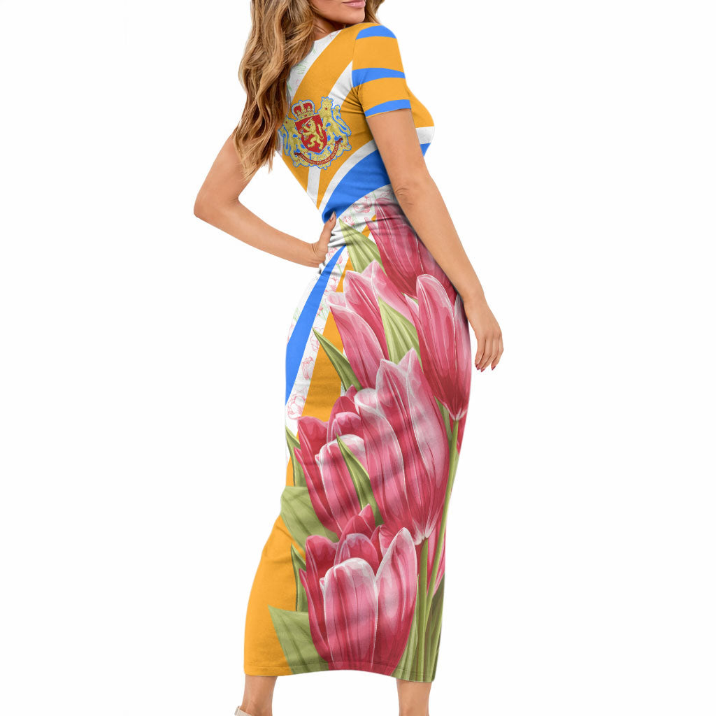 Dutch Republic Netherlands Short Sleeve Bodycon Dress Patriotism Vintage Heraldic Crest Floral Tulip