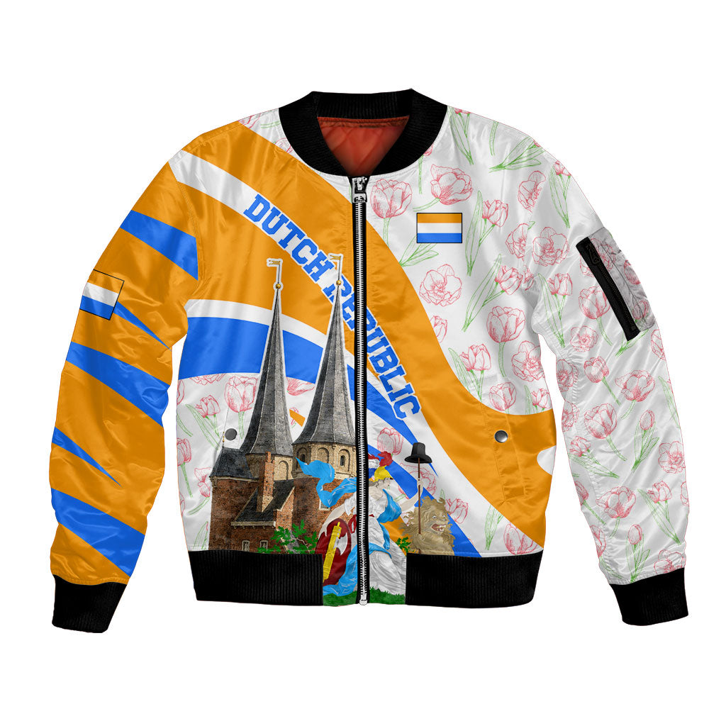 Dutch Republic Netherlands Sleeve Zip Bomber Jacket Patriotism Vintage Heraldic Crest Floral Tulip