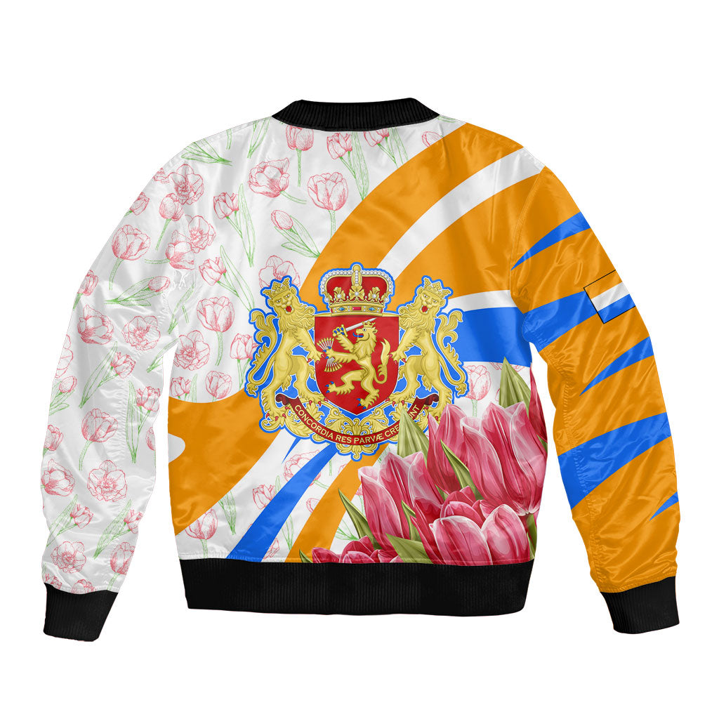 Dutch Republic Netherlands Sleeve Zip Bomber Jacket Patriotism Vintage Heraldic Crest Floral Tulip