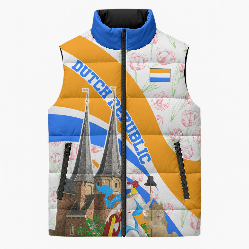Dutch Republic Netherlands Sleeveless Puffer Jacket Patriotism Vintage Heraldic Crest Floral Tulip