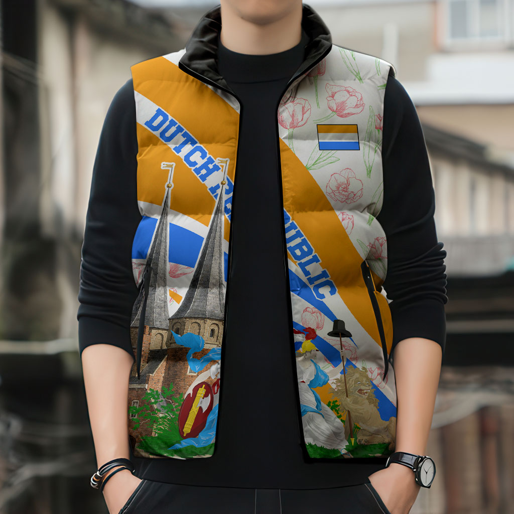 Dutch Republic Netherlands Sleeveless Puffer Jacket Patriotism Vintage Heraldic Crest Floral Tulip