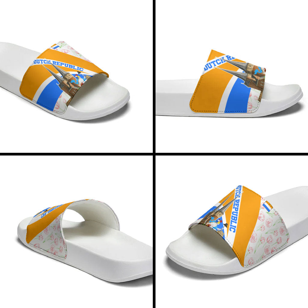 Dutch Republic Netherlands Slide Sandals Patriotism Vintage Heraldic Crest Floral Tulip