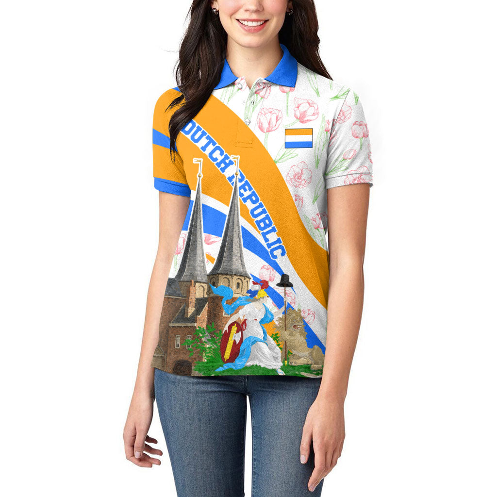 Dutch Republic Netherlands Women Polo Shirt Patriotism Vintage Heraldic Crest Floral Tulip