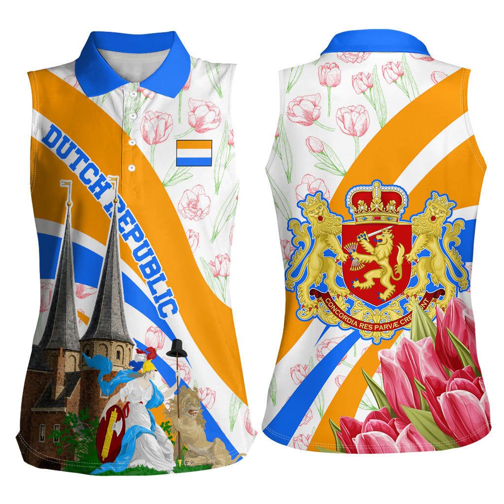 Dutch Republic Netherlands Women Sleeveless Polo Shirt Patriotism Vintage Heraldic Crest Floral Tulip