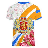 Dutch Republic Netherlands Women V-Neck T-Shirt Patriotism Vintage Heraldic Crest Floral Tulip