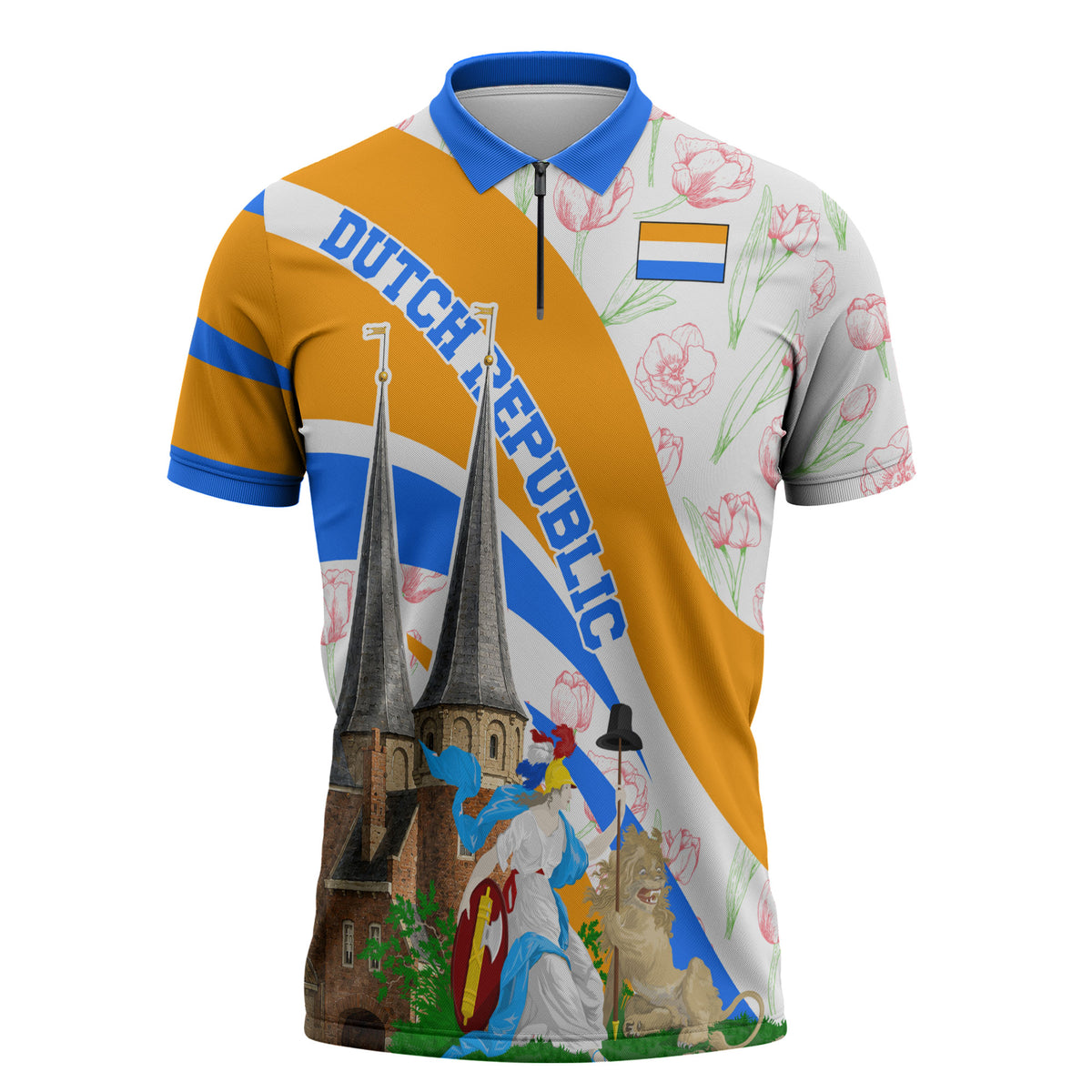 Dutch Republic Netherlands Zipper Polo Shirt Patriotism Vintage Heraldic Crest Floral Tulip