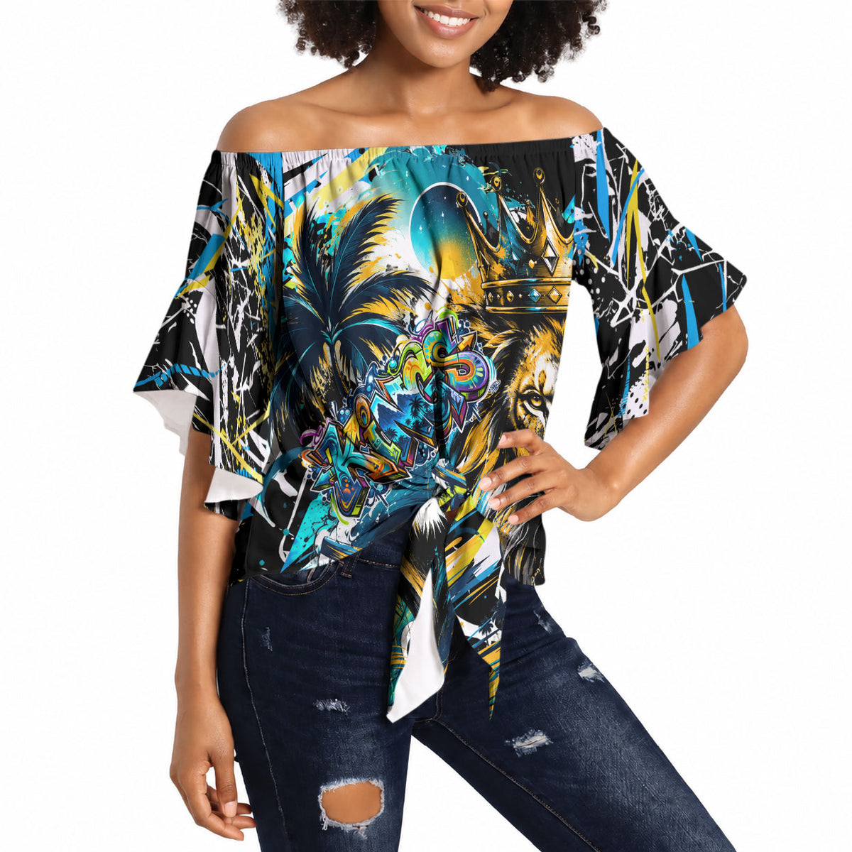 Saint Lucia Kings Cricket Off Shoulder Wrap Waist Top Born To Lead Caribbean Cricket Graffiti Splash Art