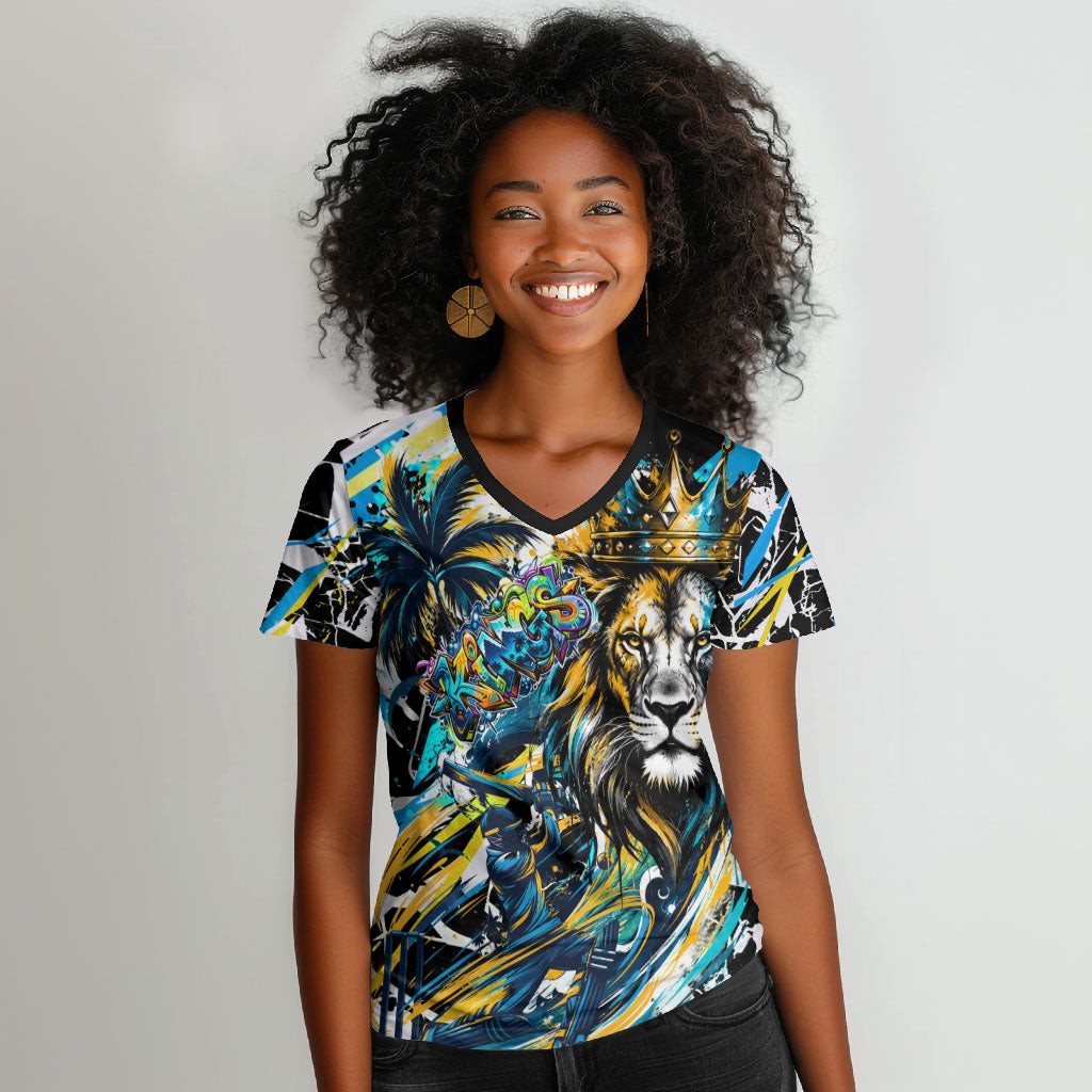 Saint Lucia Kings Cricket Women V-Neck T-Shirt Born To Lead Caribbean Cricket Graffiti Splash Art