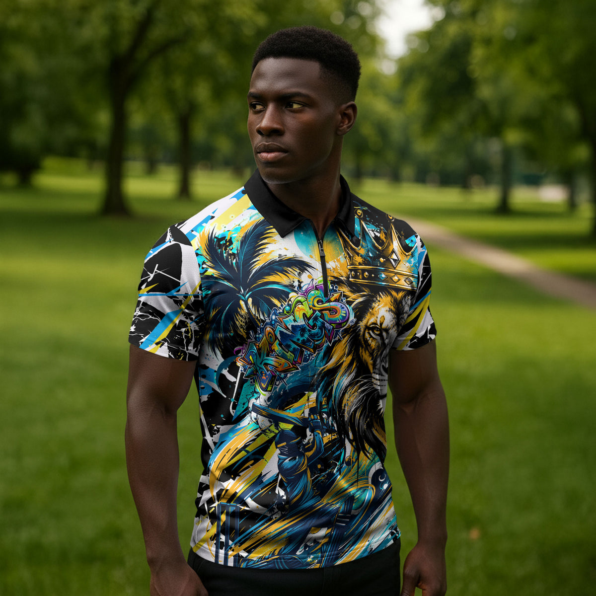 Saint Lucia Kings Cricket Zipper Polo Shirt Born To Lead Caribbean Cricket Graffiti Splash Art