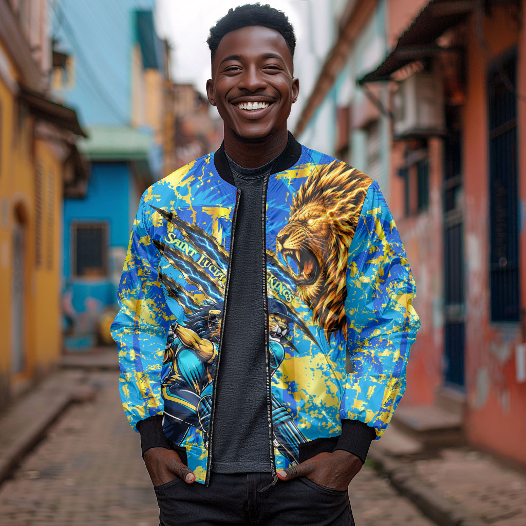 Saint Lucia Cricket Bomber Jacket Kings Lion Unstoppable Mascot Art