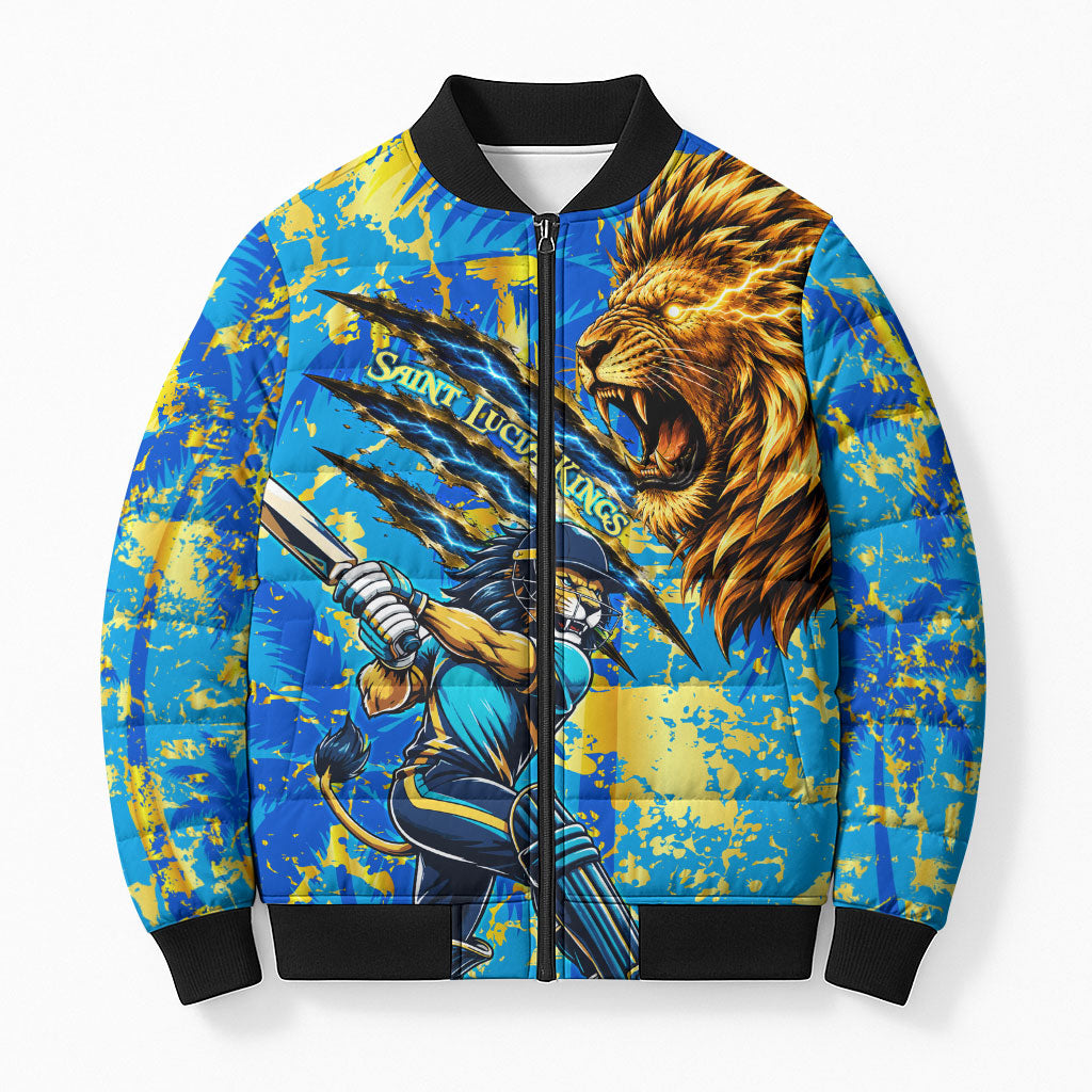 Saint Lucia Cricket Bomber Puffer Jacket Kings Lion Unstoppable Mascot Art