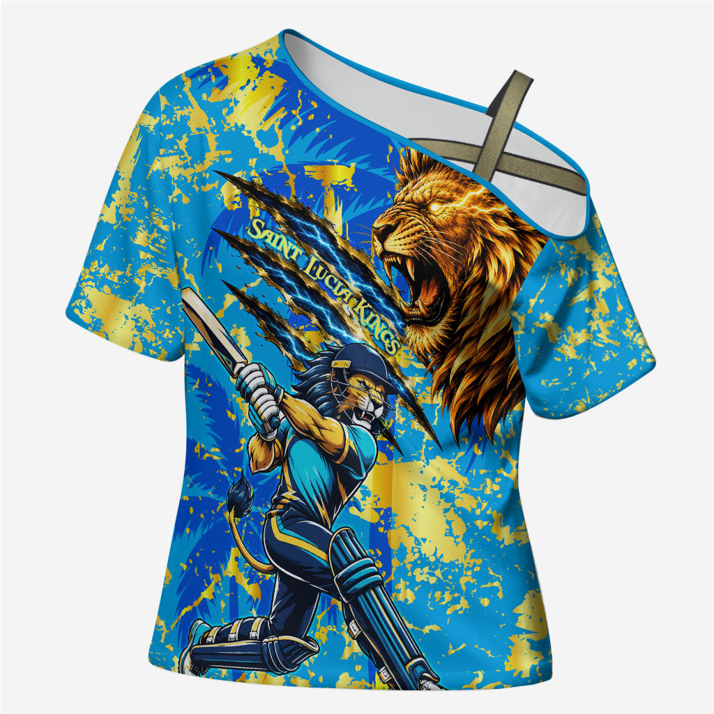 Saint Lucia Cricket Cross Shoulder Shirt Kings Lion Unstoppable Mascot Art