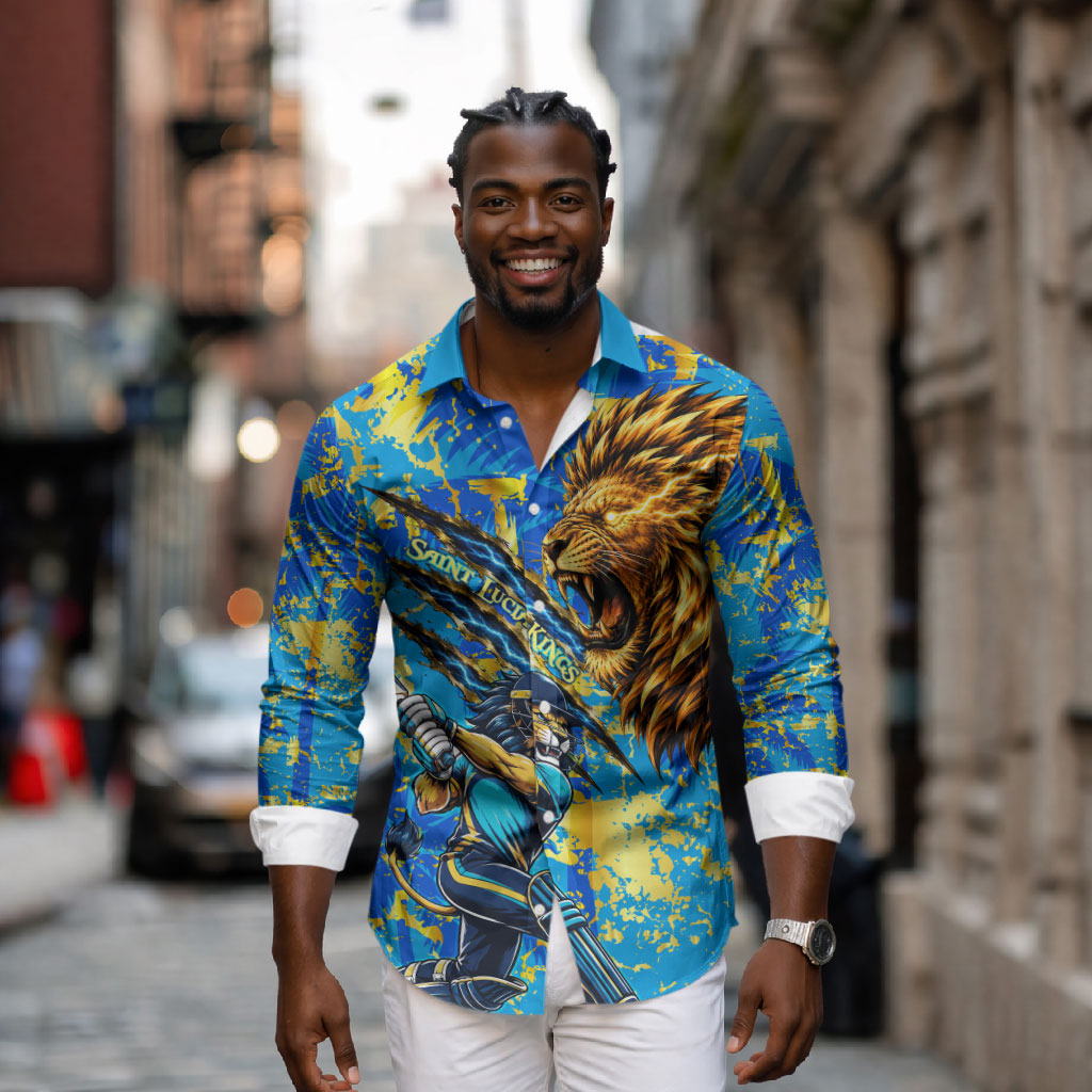 Saint Lucia Cricket Long Sleeve Button Shirt Kings Lion Unstoppable Mascot Art