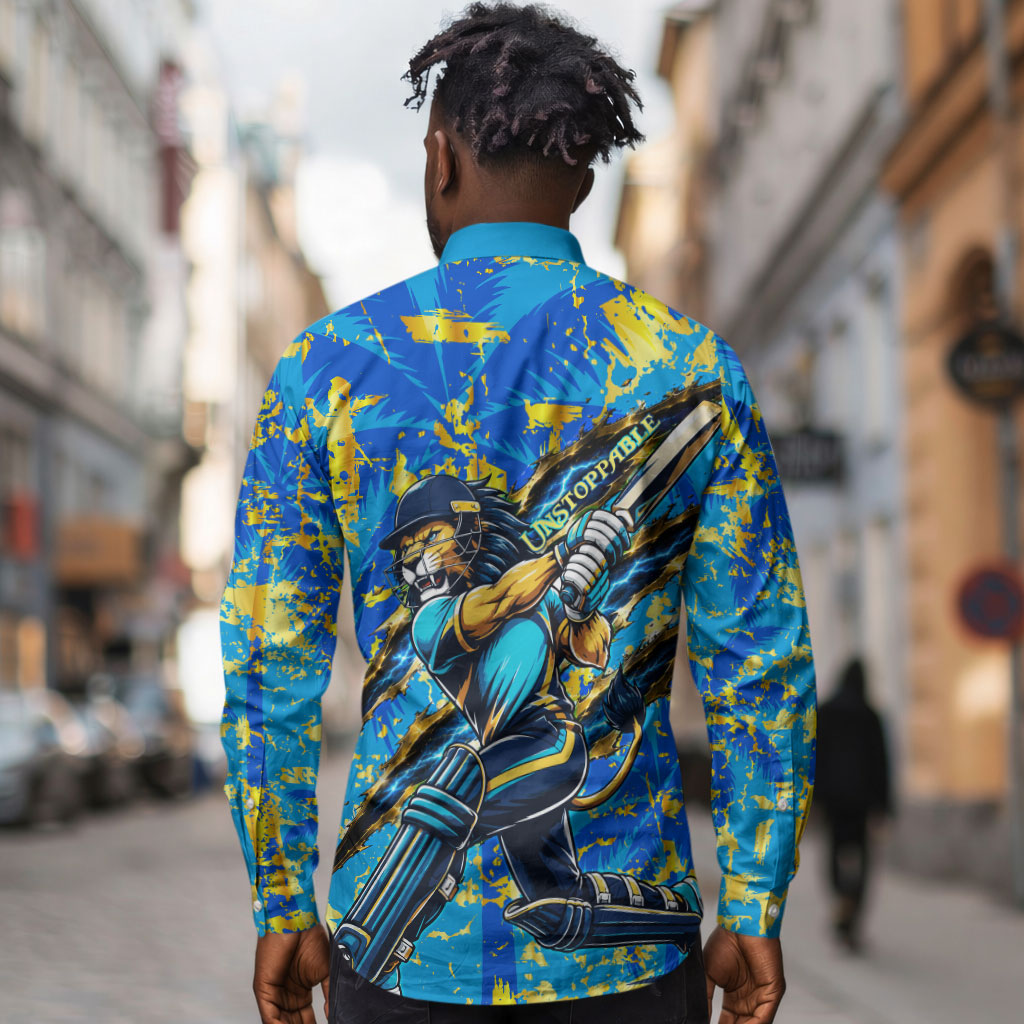 Saint Lucia Cricket Long Sleeve Button Shirt Kings Lion Unstoppable Mascot Art