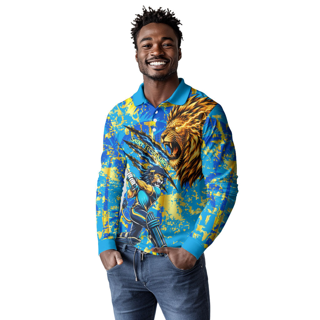 Saint Lucia Cricket Long Sleeve Polo Shirt Kings Lion Unstoppable Mascot Art
