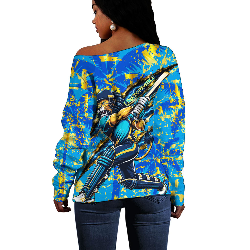 Saint Lucia Cricket Off Shoulder Sweater Kings Lion Unstoppable Mascot Art