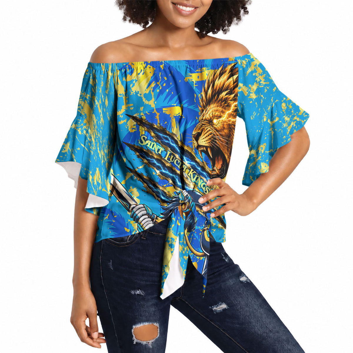 Saint Lucia Cricket Off Shoulder Wrap Waist Top Kings Lion Unstoppable Mascot Art