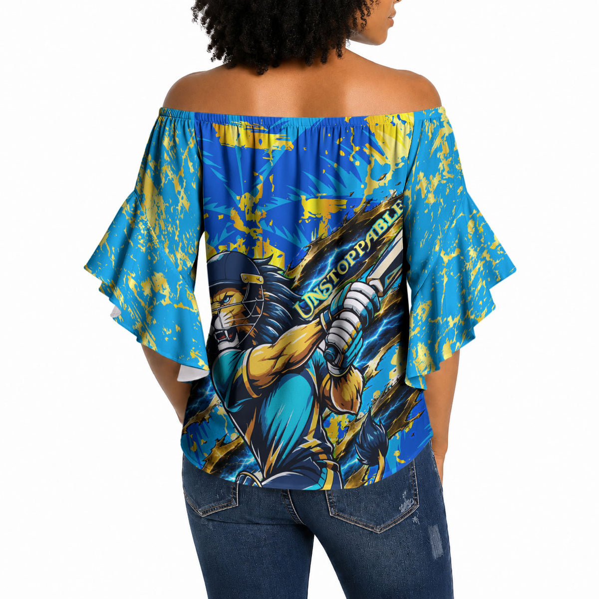 Saint Lucia Cricket Off Shoulder Wrap Waist Top Kings Lion Unstoppable Mascot Art