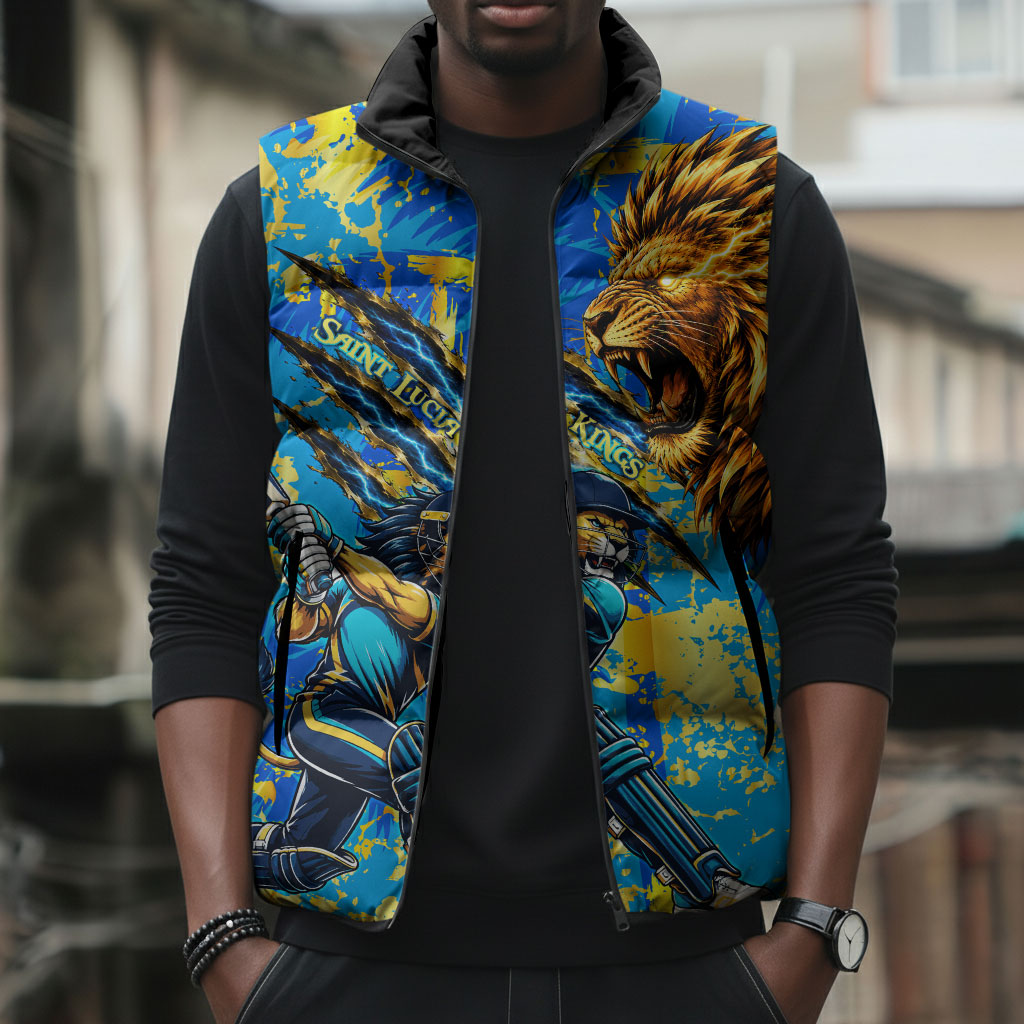 Saint Lucia Cricket Sleeveless Puffer Jacket Kings Lion Unstoppable Mascot Art