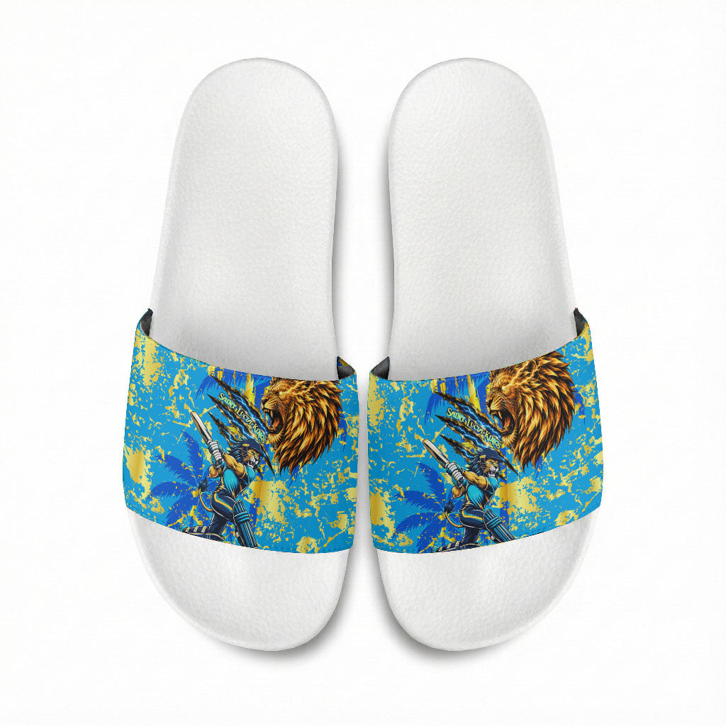 Saint Lucia Cricket Slide Sandals Kings Lion Unstoppable Mascot Art