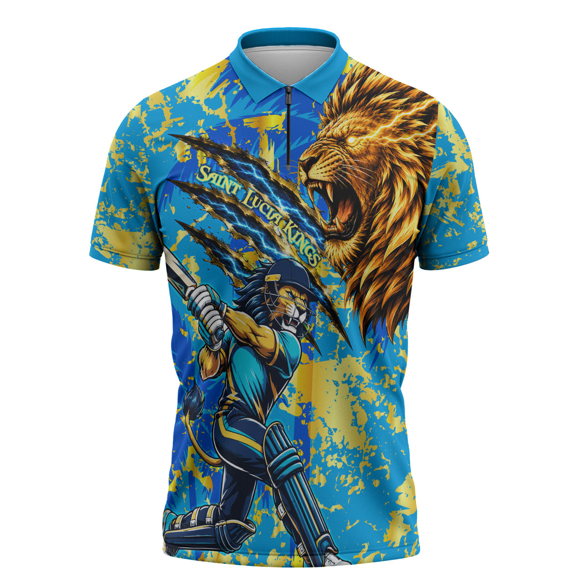 Saint Lucia Cricket Zipper Polo Shirt Kings Lion Unstoppable Mascot Art