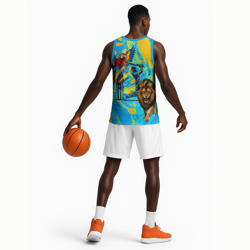 Saint Lucia Kings Cricket Basketball Jersey Crowned Lion And Parrot Half Style