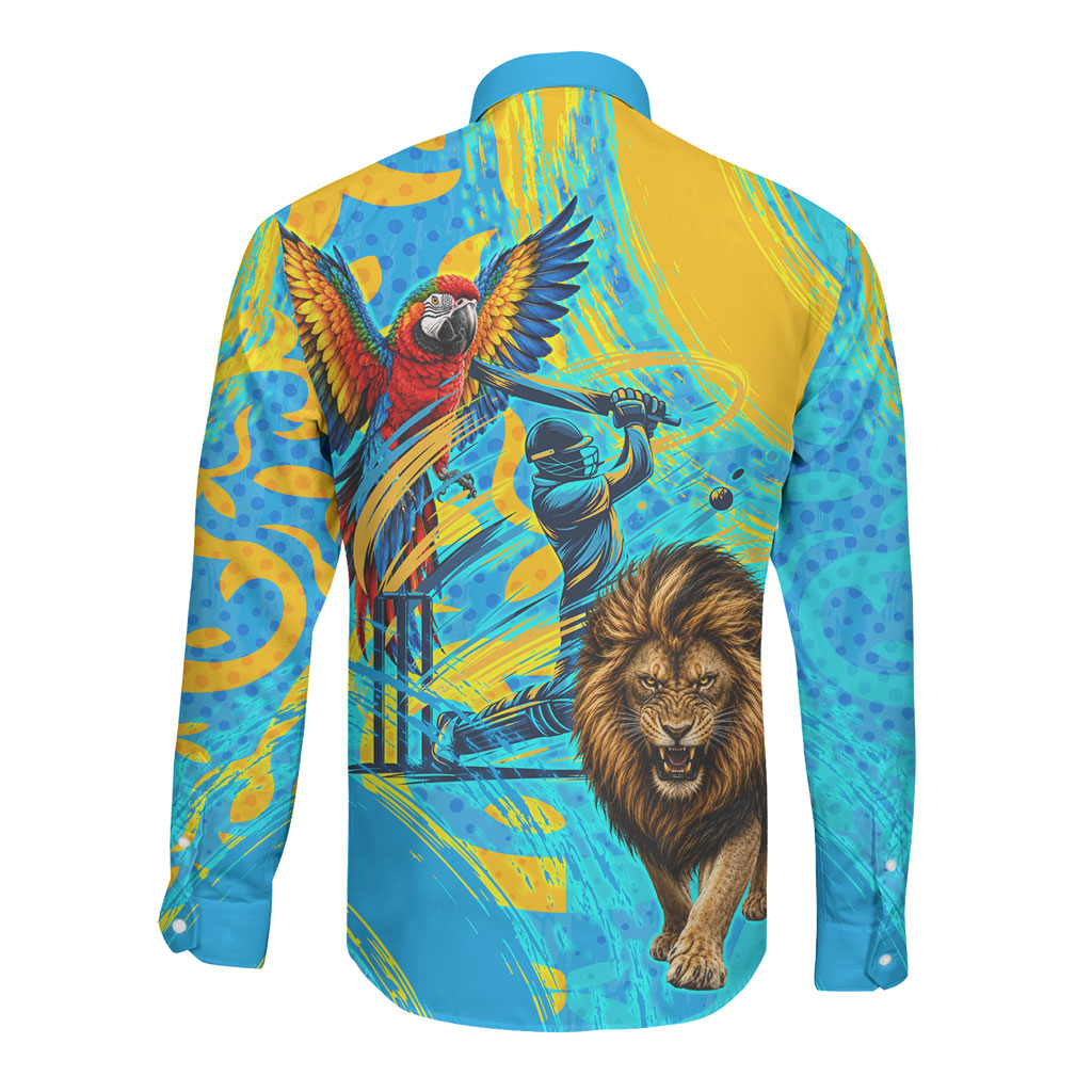 Saint Lucia Kings Cricket Long Sleeve Button Shirt Crowned Lion And Parrot Half Style