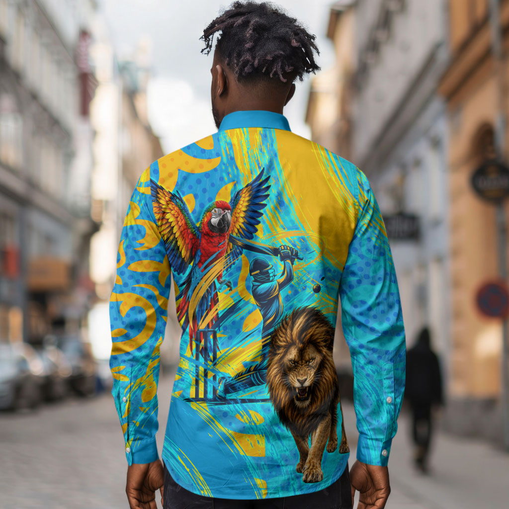 Saint Lucia Kings Cricket Long Sleeve Button Shirt Crowned Lion And Parrot Half Style