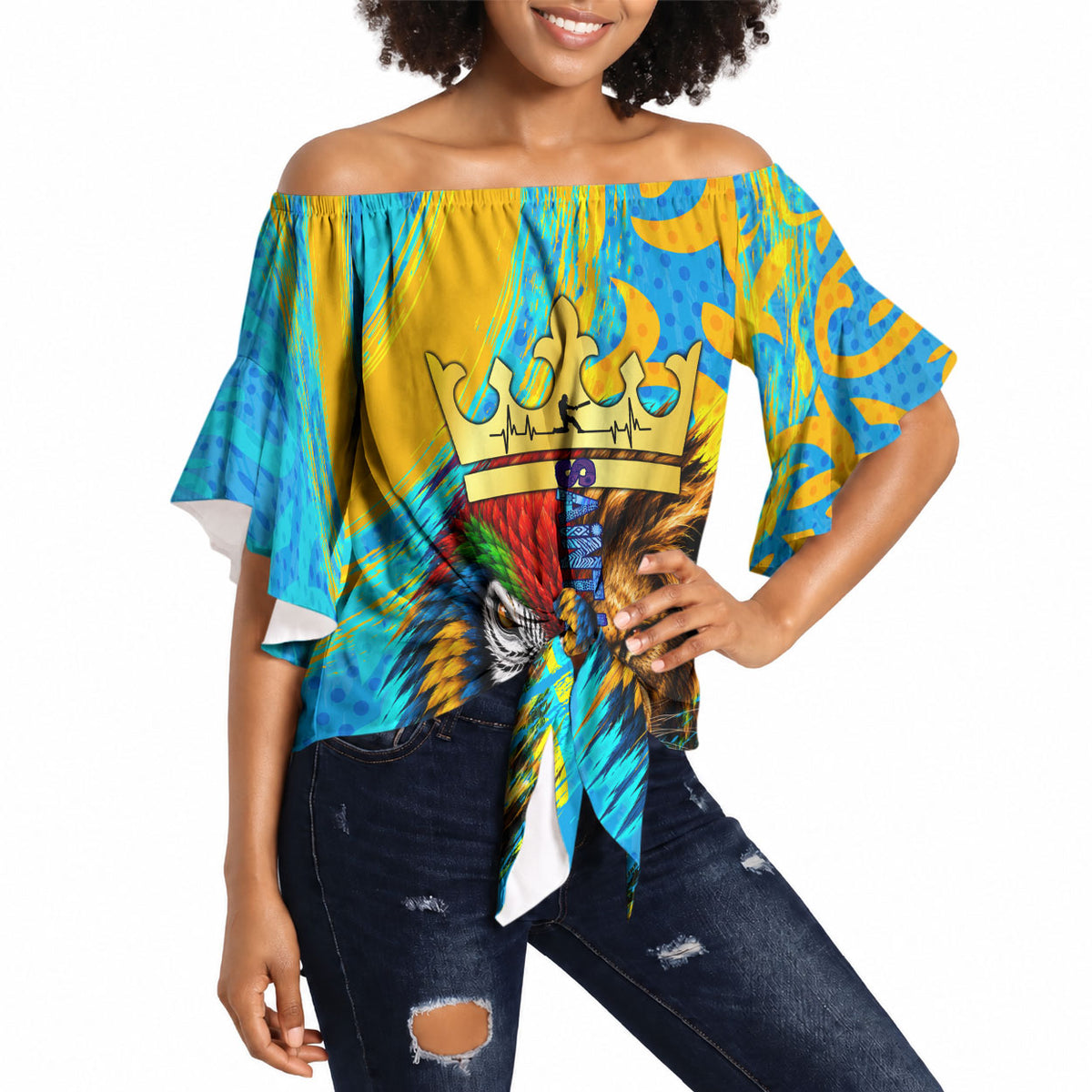 Saint Lucia Kings Cricket Off Shoulder Wrap Waist Top Crowned Lion And Parrot Half Style
