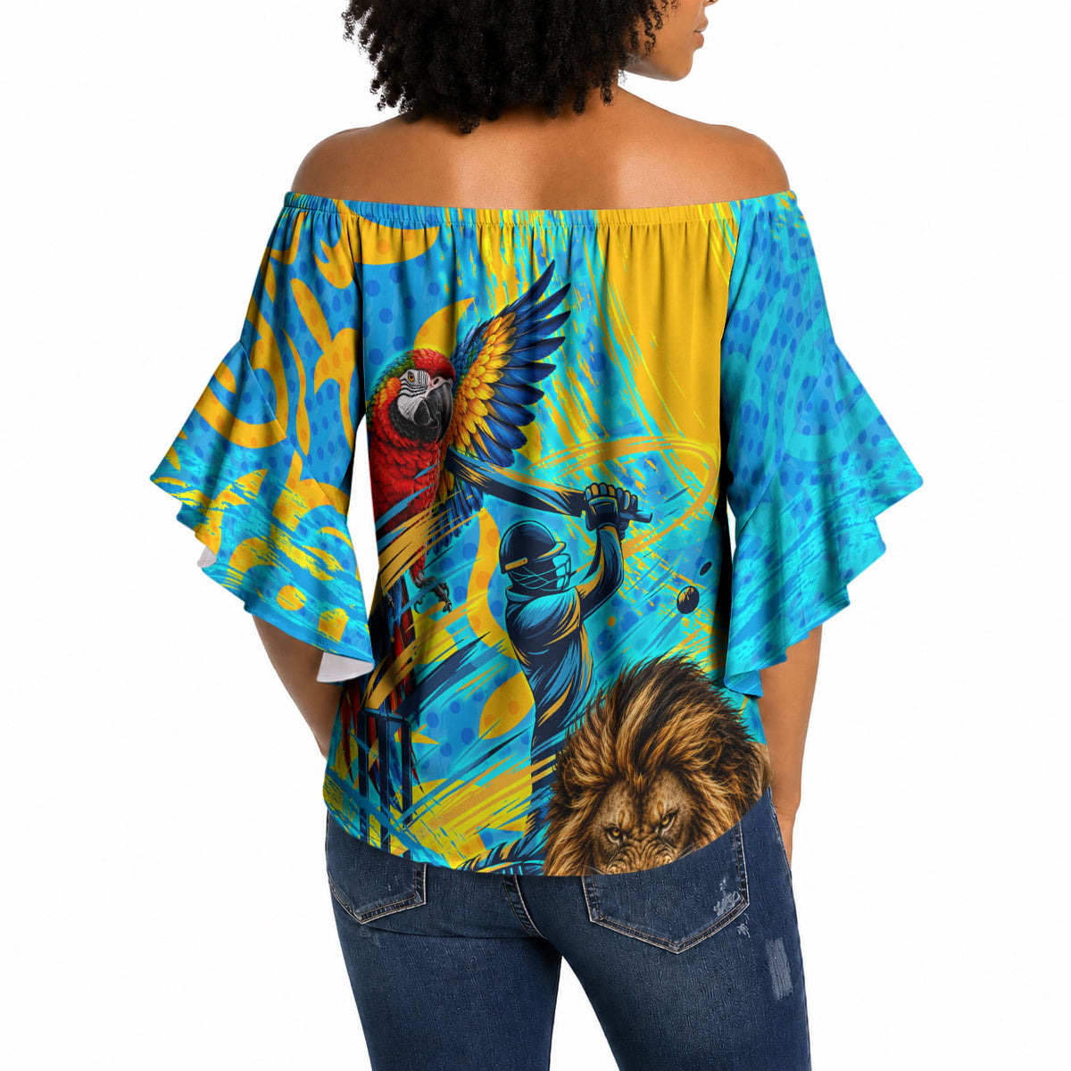 Saint Lucia Kings Cricket Off Shoulder Wrap Waist Top Crowned Lion And Parrot Half Style
