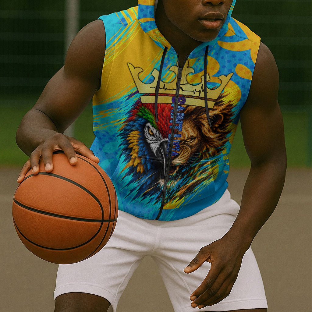 Saint Lucia Kings Cricket Sleeveless Zip Hoodie Crowned Lion And Parrot Half Style